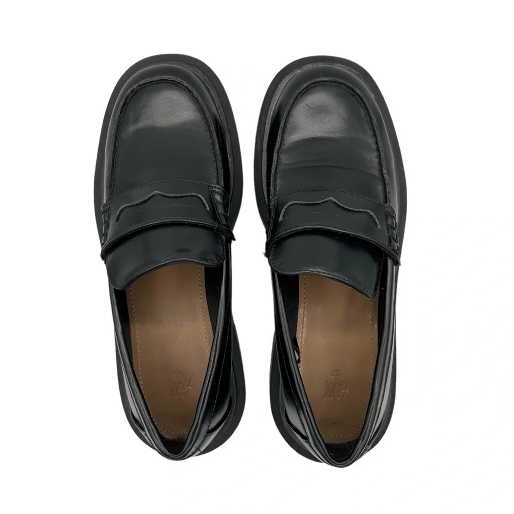 H&M Black Faux Leather Chunky Platform Preppy‎ Slip On Penny Loafers (6)